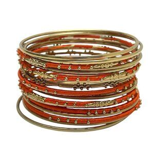 Amrita Singh Gold Tone Bangle Bracelet Set Orange Thread Wrapped 18 Bracelets